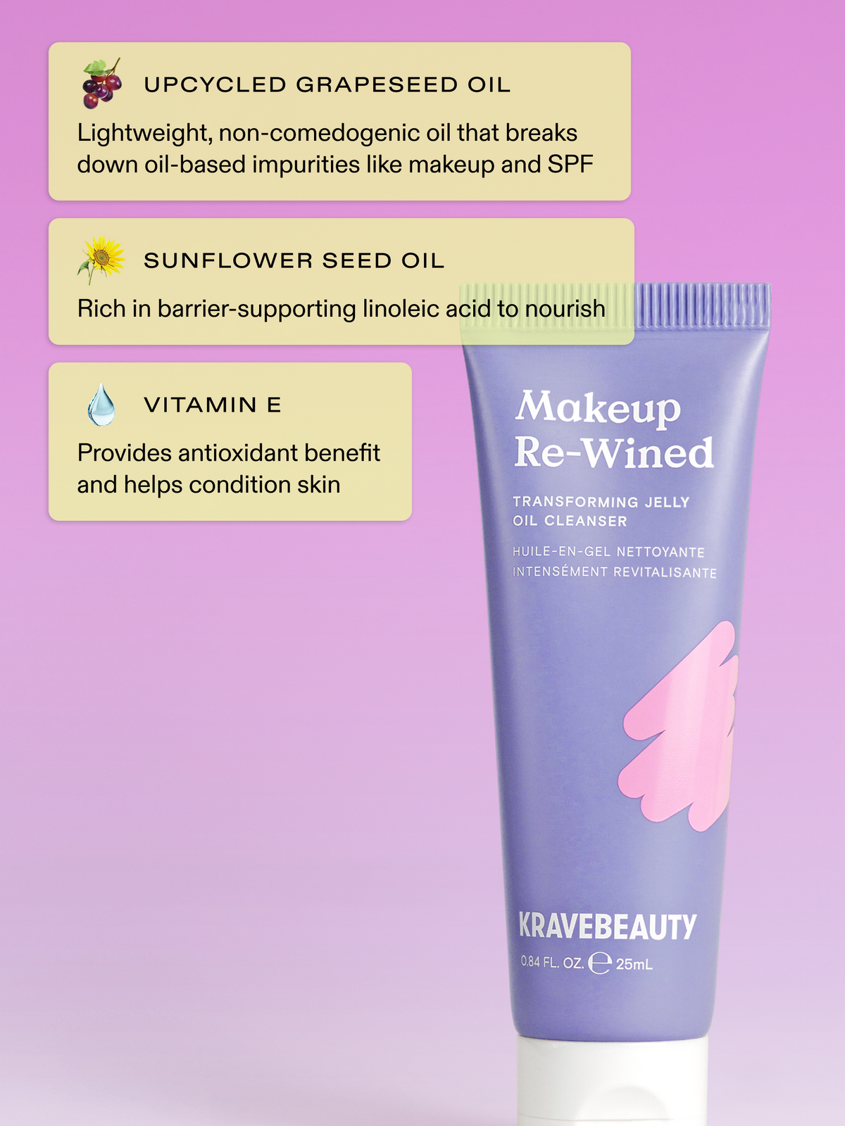 Mini Makeup Re-Wined Oil Cleanser is formulated with upcycled grapeseed oil, sunflower seed oil, and vitamin E
