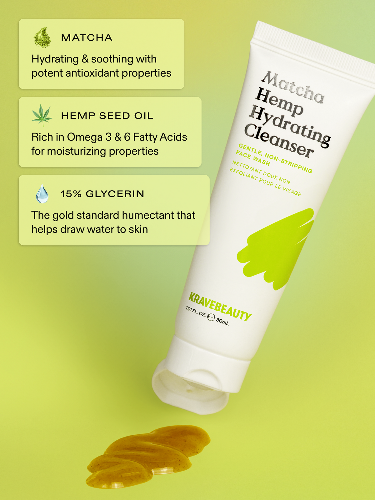 Mini Matcha Hemp Hydrating Cleanser is formulated with matcha, hemp seed oil, and 15% glycerin