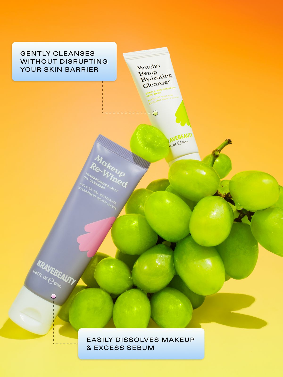 Makeup Re-Wined Oil Cleanser easily dissolves makeup & excess sebum and Matcha Hemp Hydrating Cleanser gently cleanses without disrupting your skin barrier