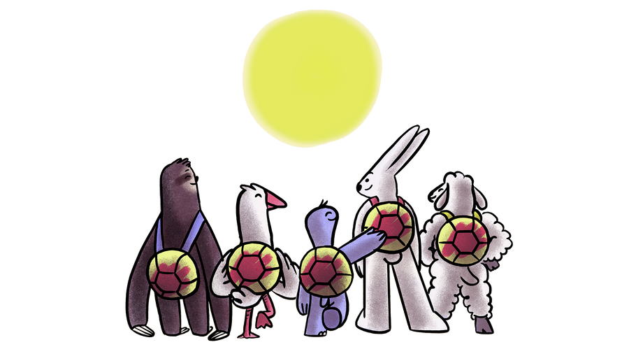 A Sloth, a Bird, Turtle, Bunny and Sheep, with a turtle shell shaped backpack watching the sun