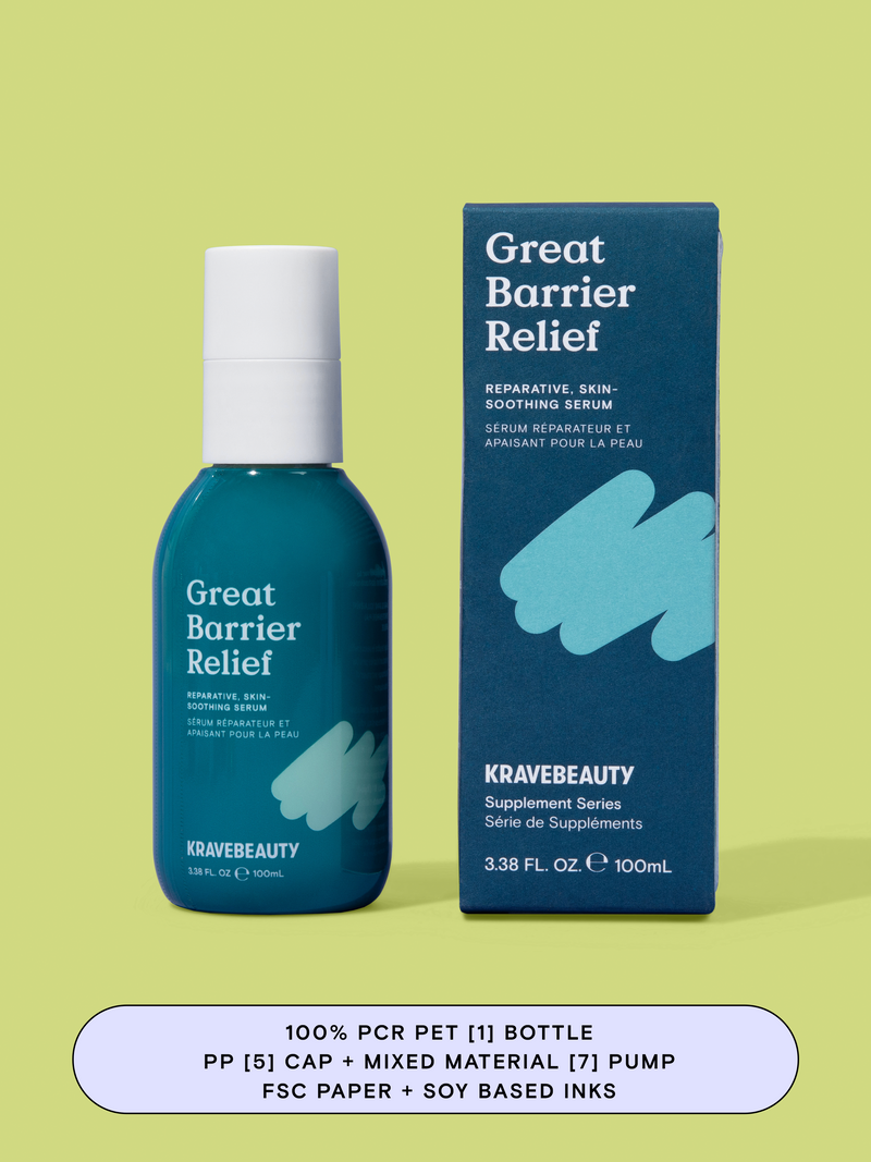Jumbo Great Barrier Relief has a 100% PCR PET [1] bottle with a PP [5] cap and a mixed material [7] pump. Carton is made with FSC paper and soy based inks.