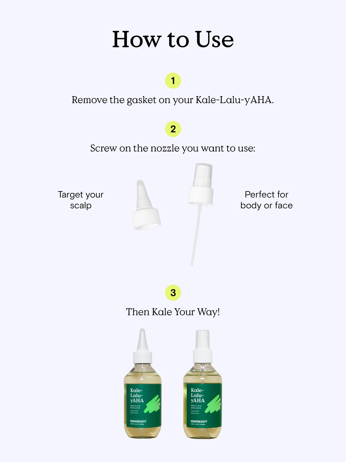 How to Use Kale Your Way Kit: 1. Remove the gasket on your Kale-Lalu-yAHA. 2. Screw on the nozzle you want to use. 3. Then Kale Your Way!