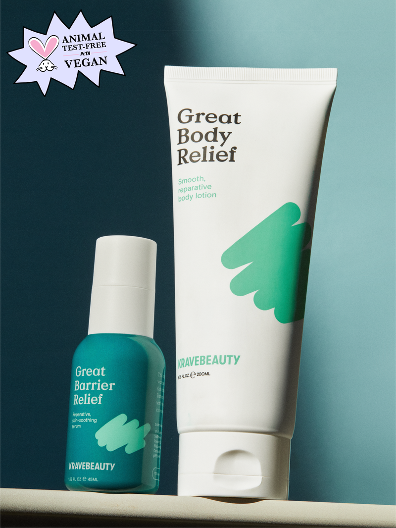The Barrier Friends Forever bundle includes Great Barrier Relief Serum and Great Body Relief Lotion which are both animal test-free and vegan