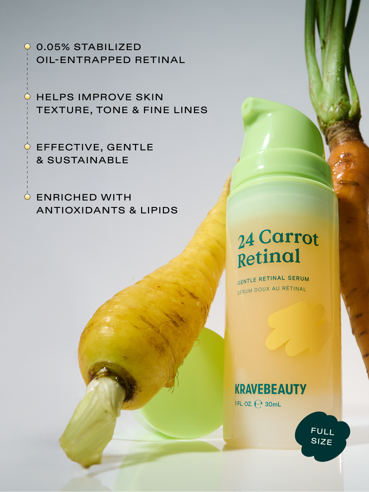 24 Carrot Retinal is formulated with non-drying barrier first ingredients. 0.05% oil-entrapped retinal, upcycled carrot extract, and torula oil.