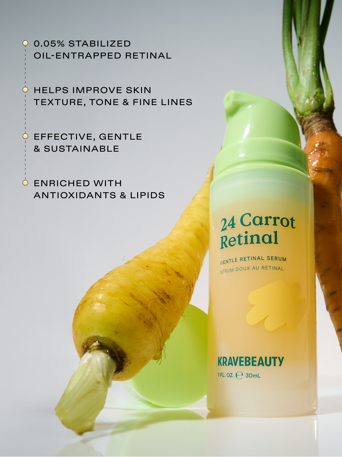 24 Carrot Retinal has 0.05% stabilized oil-entrapped retinal, helps improve skin texture, tone & fine lines. Effective, gentle, & sustainable. Enriched with antioxidants & lipids.
