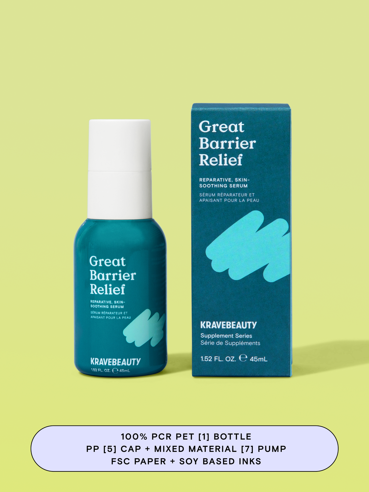 Great Barrier Relief has a 100% PCR PET [1] bottle, a PP [5] cap, a Mixed Material [7] pump, and FSC paper + soy based inks on the carton. #size_1.52 oz / 45 ml 