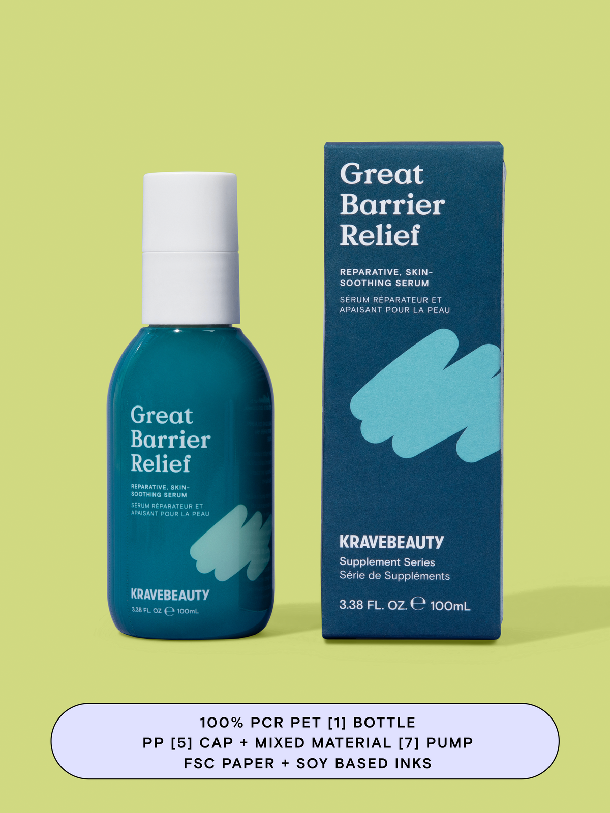 Jumbo Great Barrier Relief has a 100% PCR PET [1] bottle, a PP [5] cap, a Mixed Material [7] pump, and FSC paper + soy based inks on the carton. #size_3.38 oz / 100 ml 