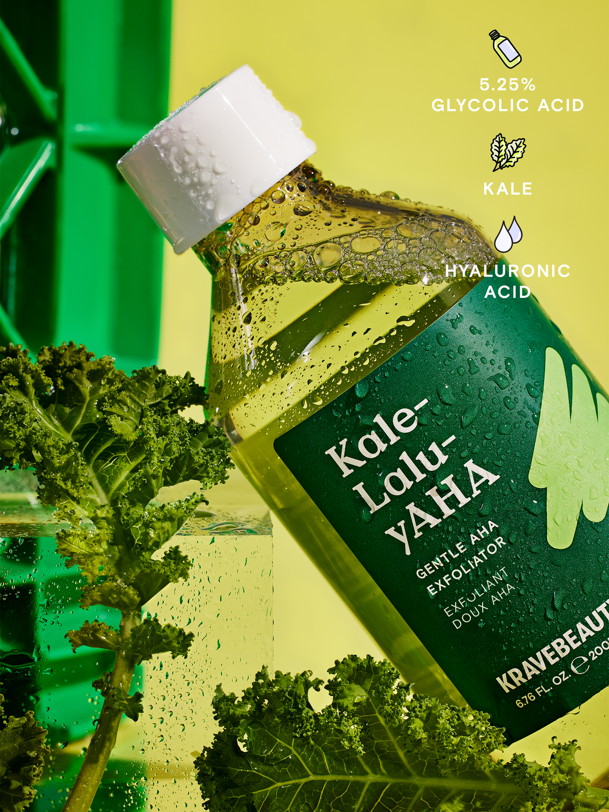 Kale-Lalu-yAHA - Key ingredients are 5.25% glycolic acid, kale, and hyaluronic acid.