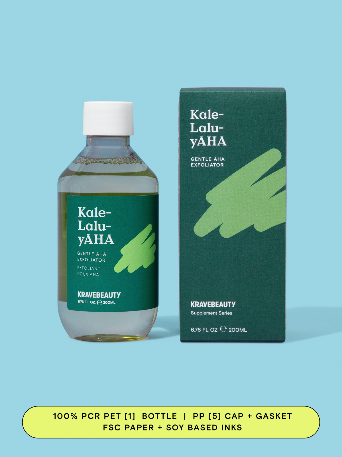 Kale-Lalu-yAHA has a 100% PCR PET [1] bottle, PP [5] cap + gasket, and FSC paper + soy based inks on the carton.