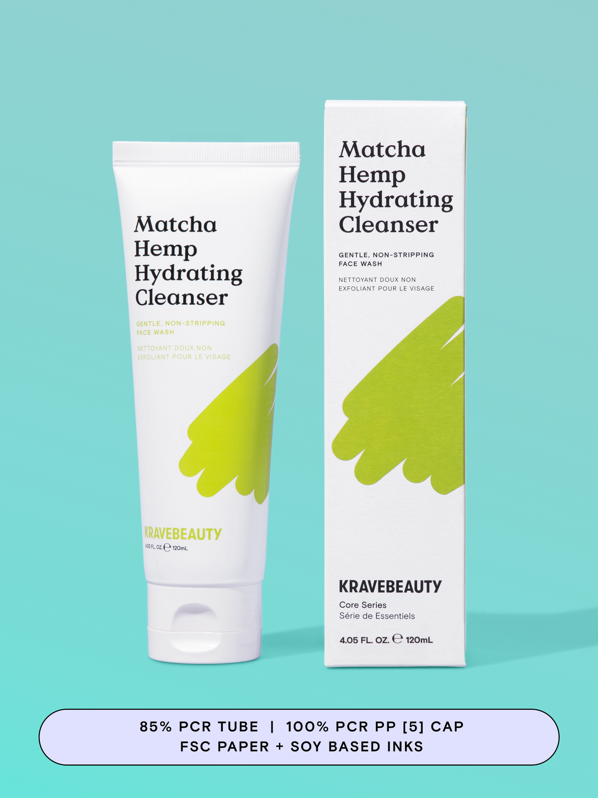 Matcha Hemp Hydrating Cleanser has an 85% PCR tube, 100% PCR PP [5] Cap, and FSC paper + soy based inks on the carton. #size_4.05 oz / 120 ml