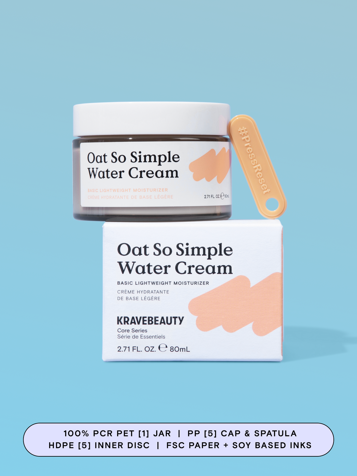 Oat So Simple Water Cream has a 100% PCR PET [1] Jar, a PP [5] cap and spatula, a HDPE [5] inner disc, and FSC paper + soy based inks on the carton.