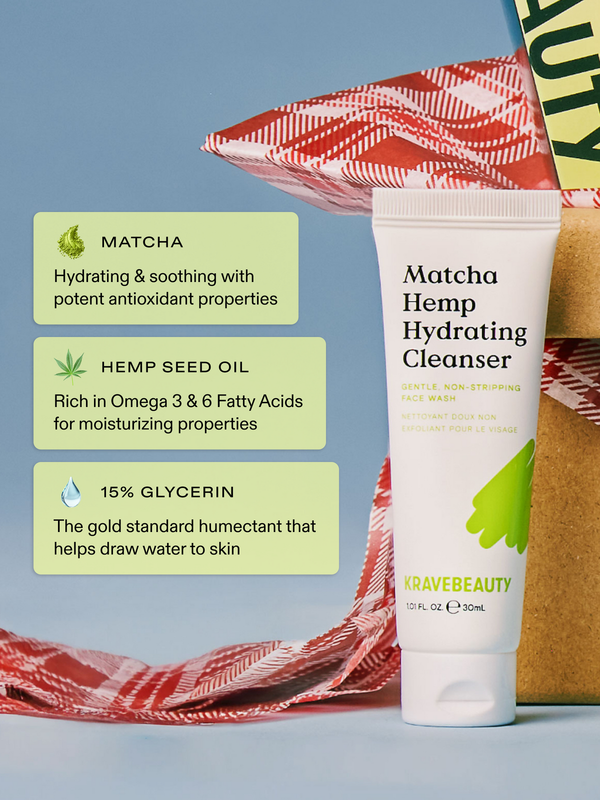 Mini Matcha Hemp Hydrating Cleanser is formulated with matcha, hemp seed oil, and 15% glycerin