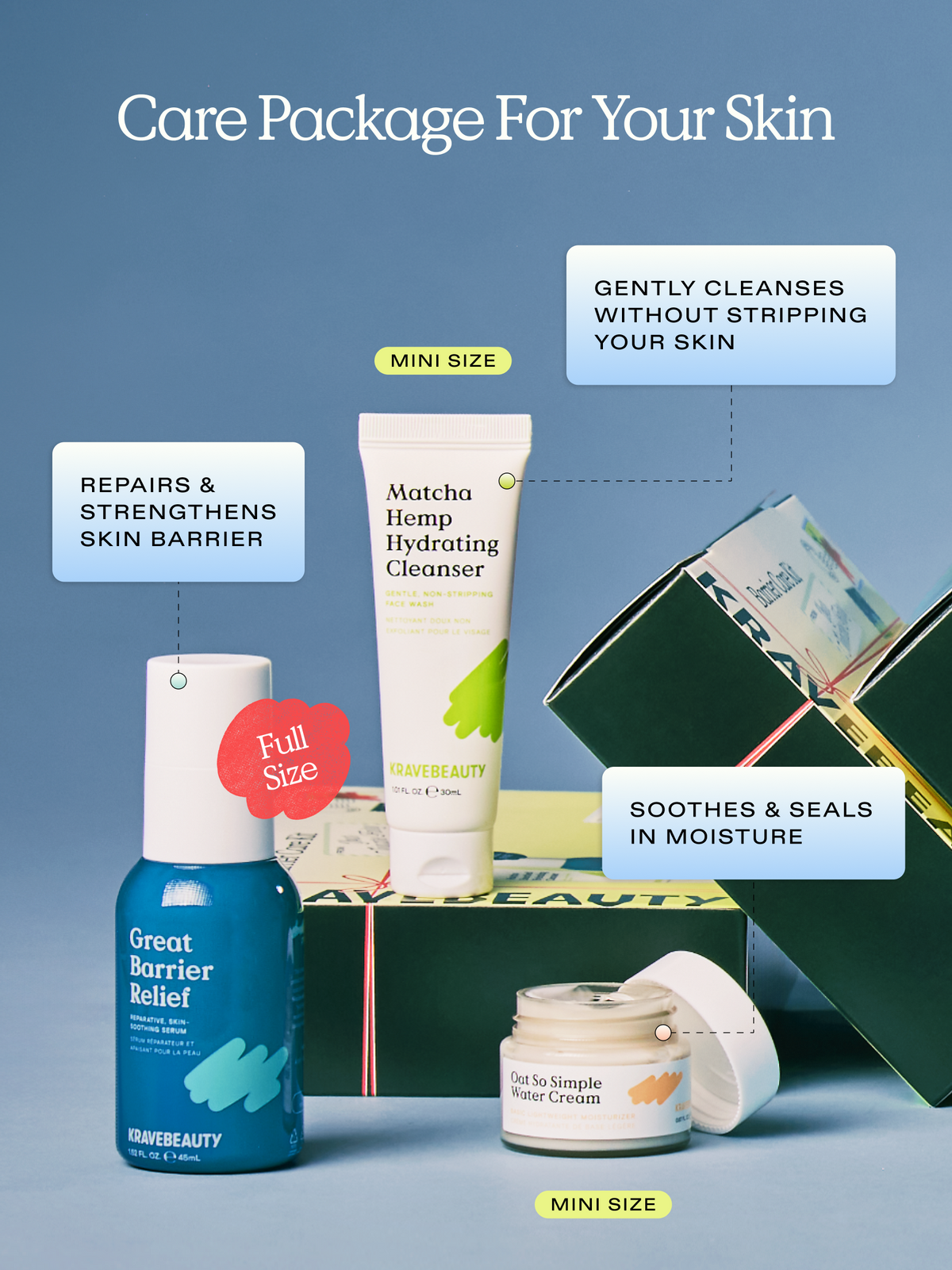 Care package for your skin. Mini Matcha Hemp Hydrating Cleanser gently cleanses without stripping your skin. Full-size Great Barrier Relief repairs & strengthens skin barrier. Mini Oat So Simple Water Cream soothes & seals in moisture.