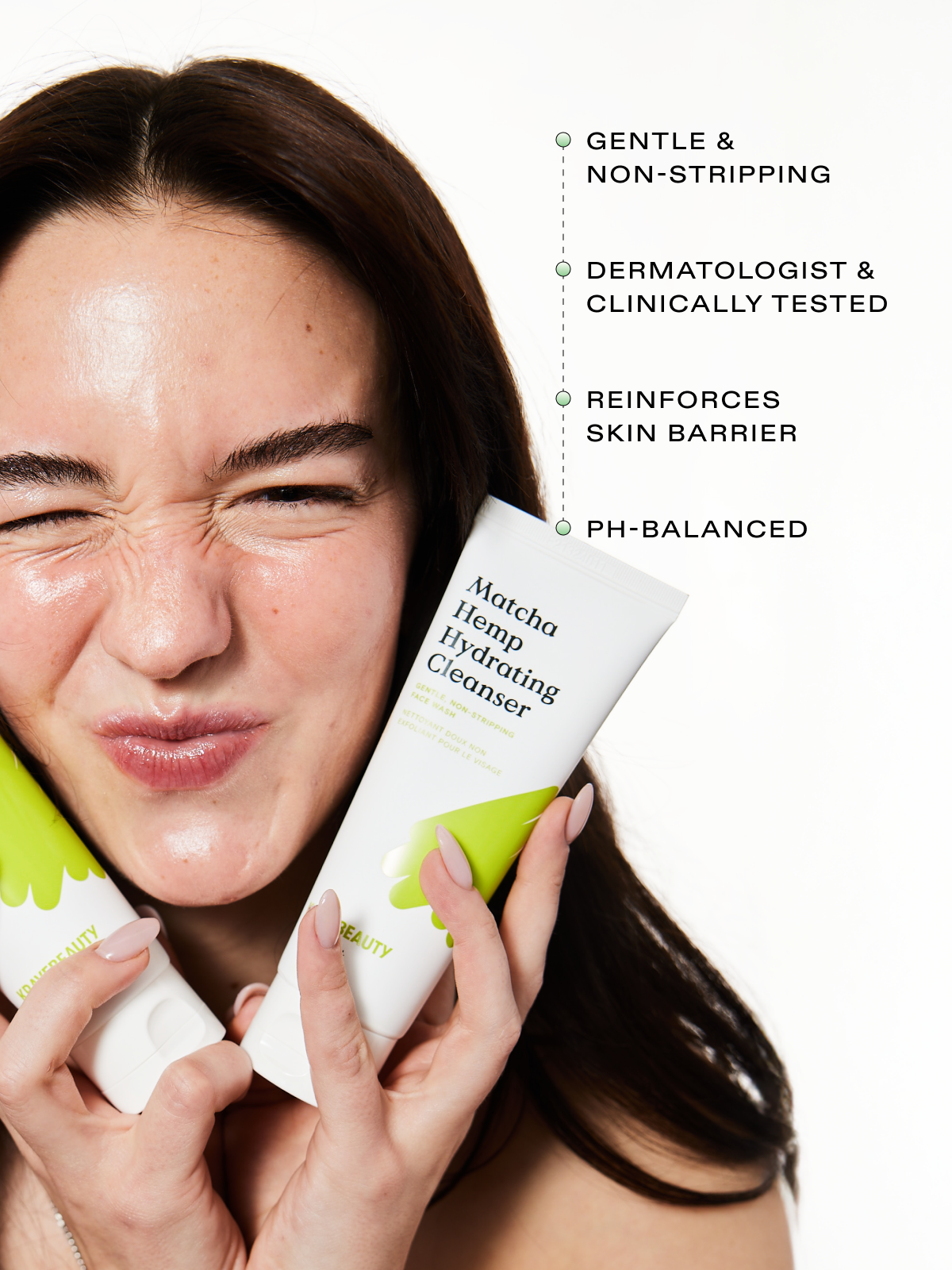 Matcha Hemp Hydrating Cleanser is gentle & non-stripping, dermatologist & clinically tested, reinforces skin barrier, and pH-balanced
