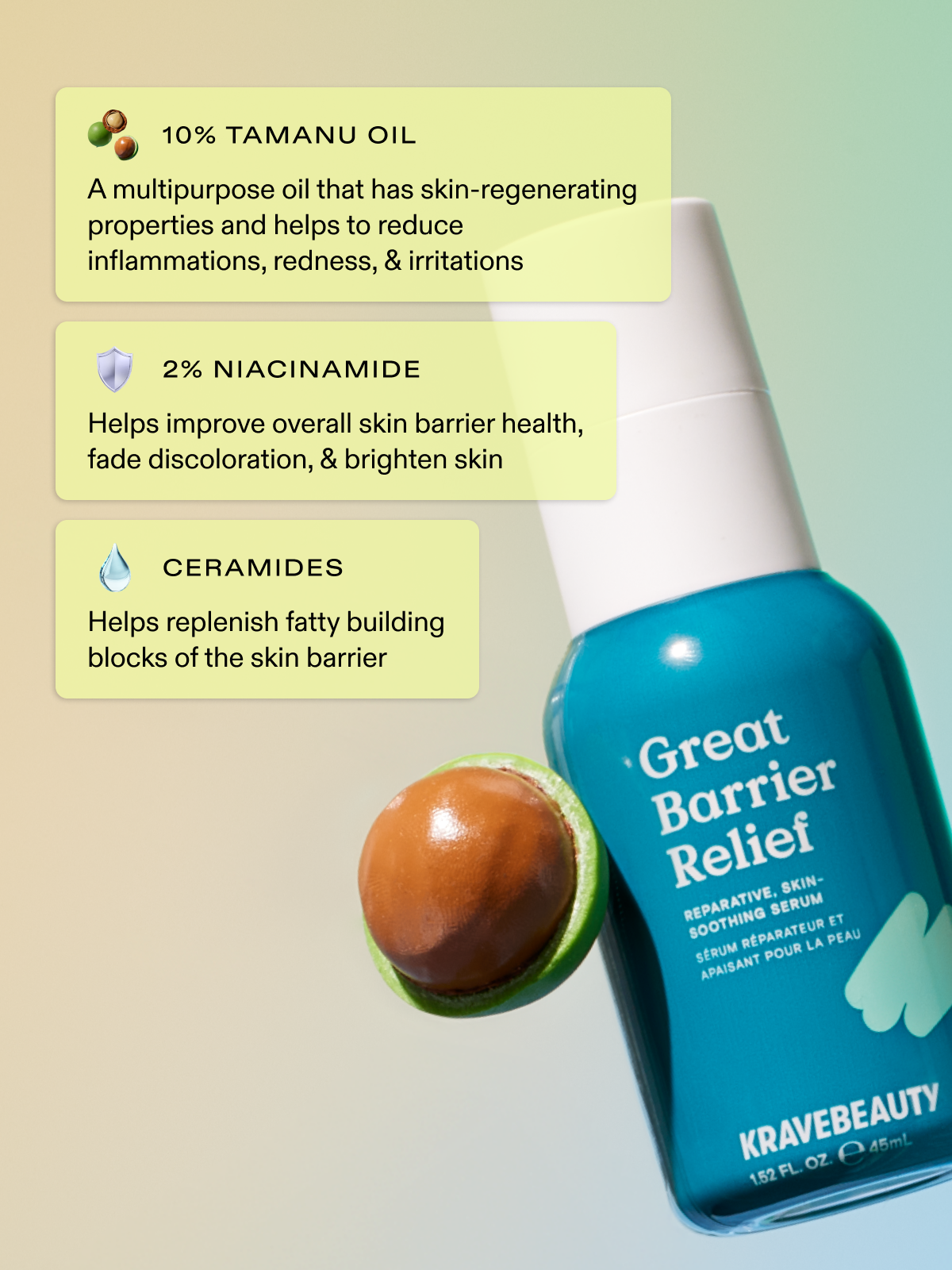 Great Barrier Relief is formulated with 10% tamanu oil, 2% niacinamide, and ceramides