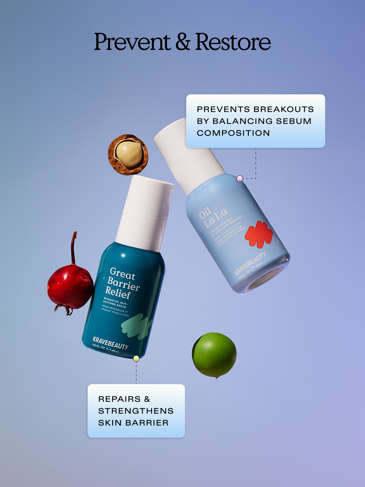 Prevent & restore with Clear Skin Duo. Great Barrier Relief Serum repairs & strengthens skin barrier. Oil La La Serum prevents breakouts by balancing sebum composition.