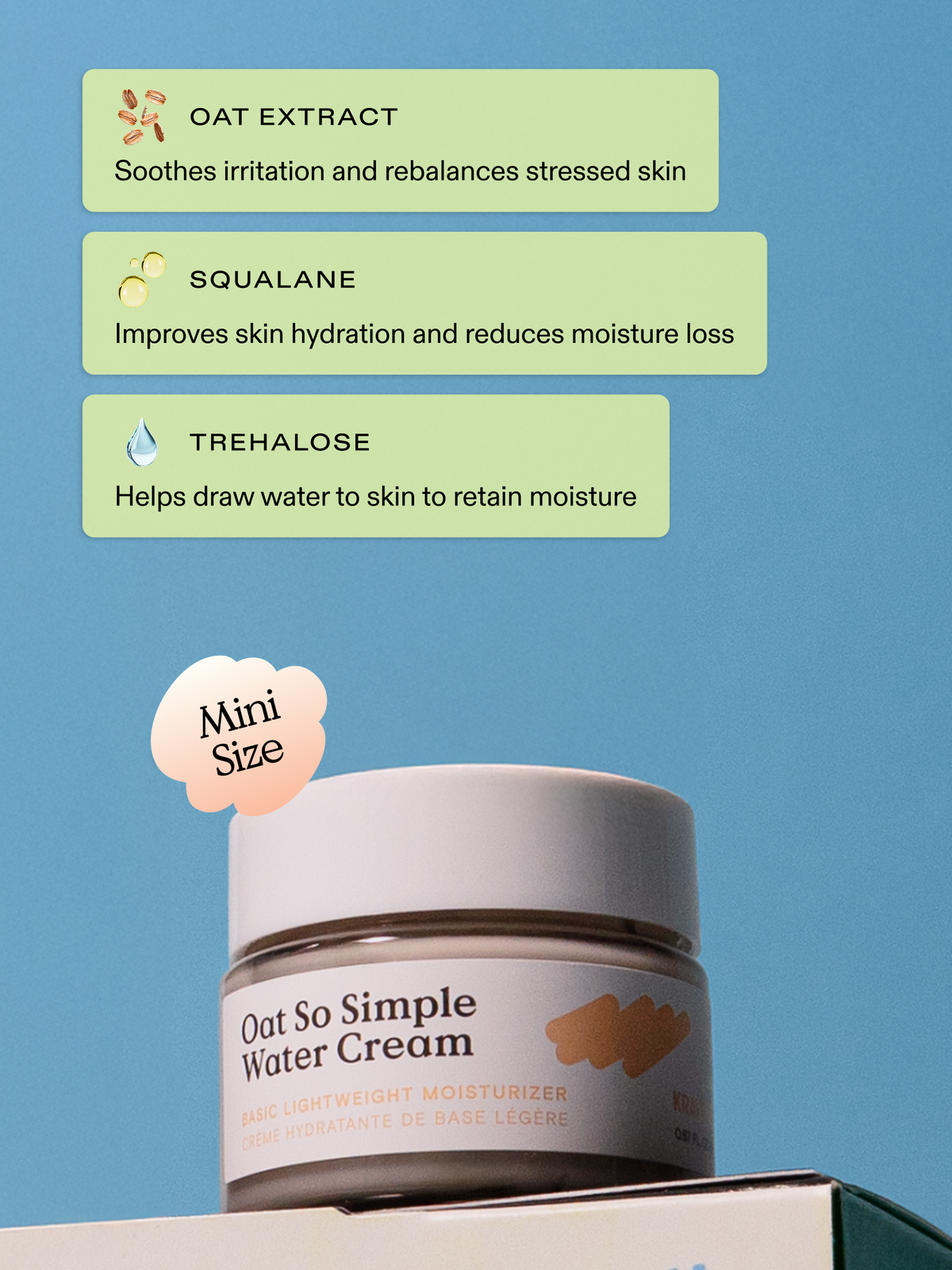 Mini Oat So Simple Water Cream is formulated with oat extract, squalane, and trehalose