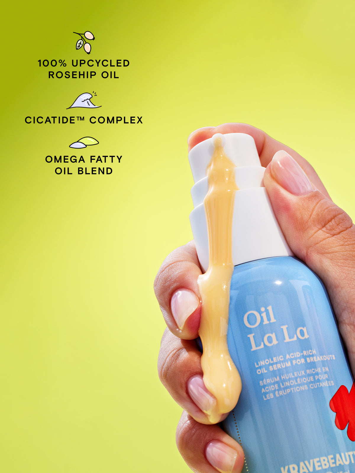 Jumbo Oil La La - Key ingredients are 100% upcycled rosehip oil, Cicatide Complex, and an omega fatty oil blend.