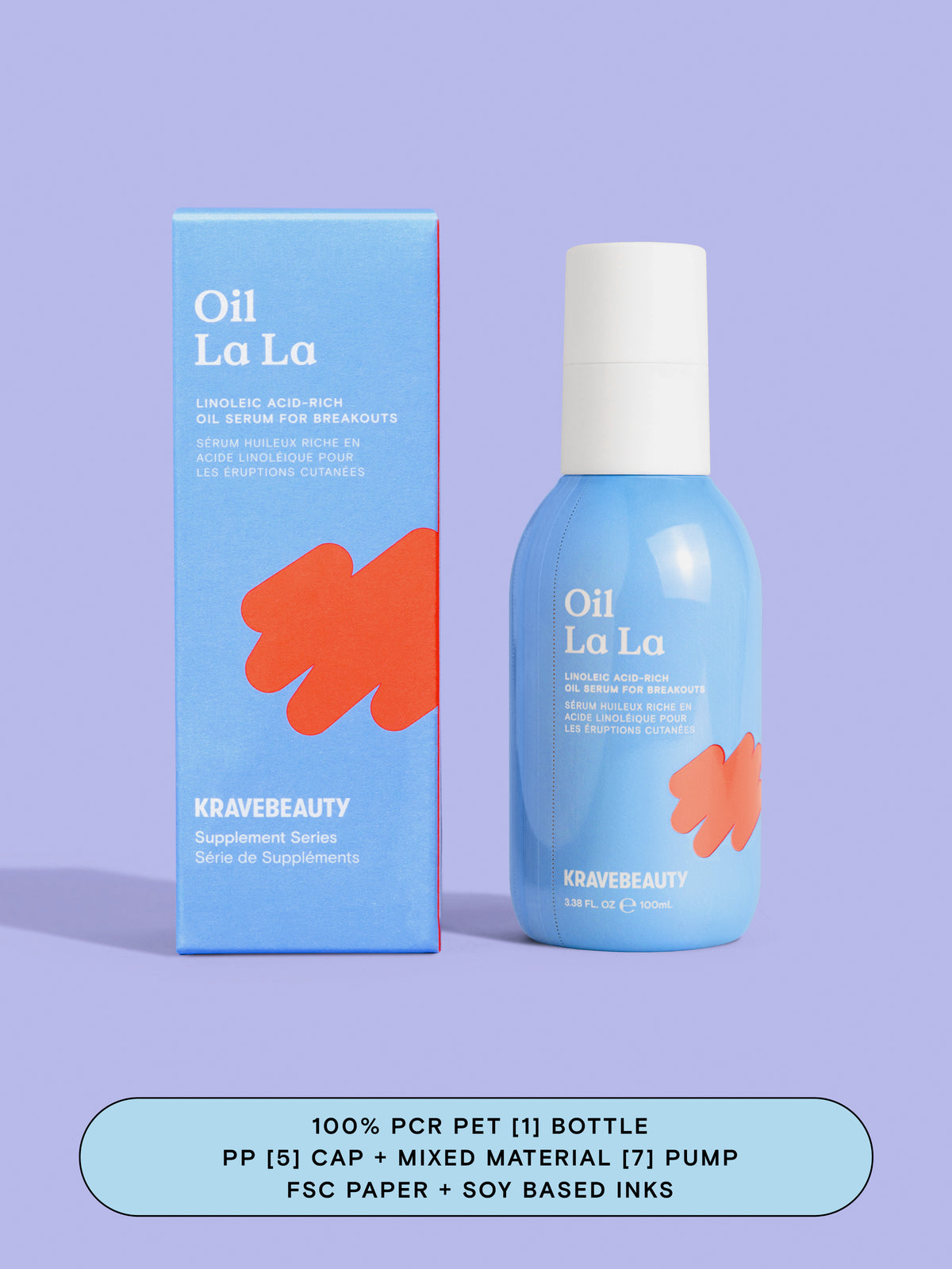 Jumbo Oil La La has a 100% PCR PET [1] bottle, a PP [5] cap, a Mixed Material [7] pump, and FSC paper + soy based inks on the carton. #size_3.38 oz / 100 ml