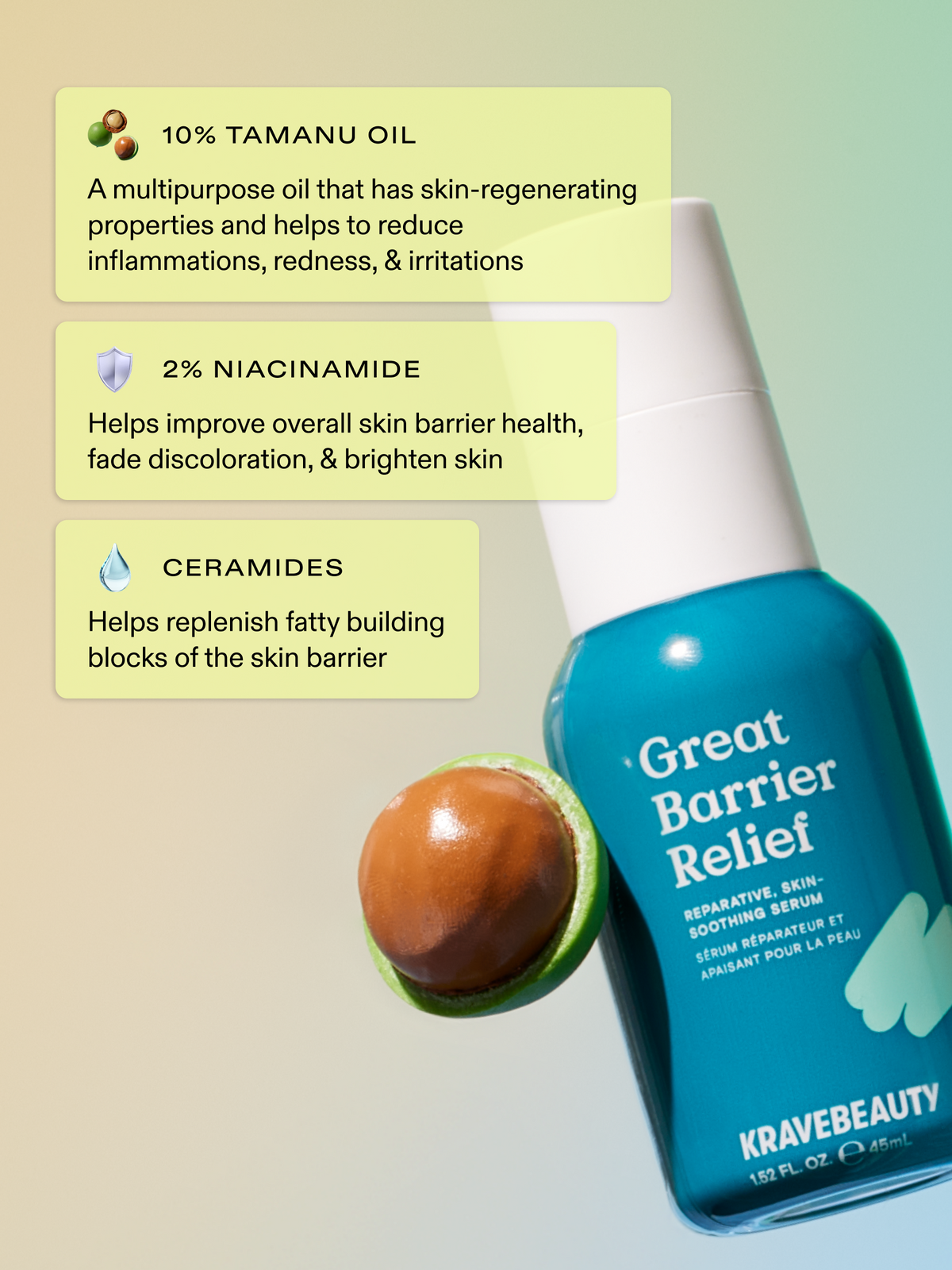 KraveBeauty Great Barrier Relief is formulated with 10% tamanu oil, 2% niacinamide, and ceramides