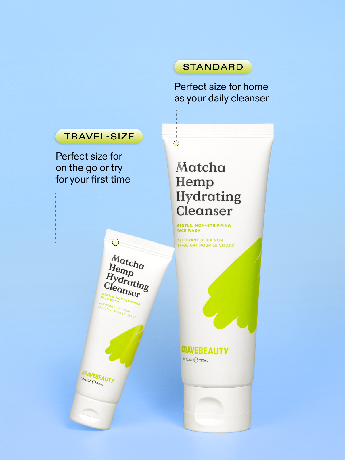 Size comparison between the  120 mL standard and the 30 ml travel-size Matcha Hemp Hydrating Cleanser