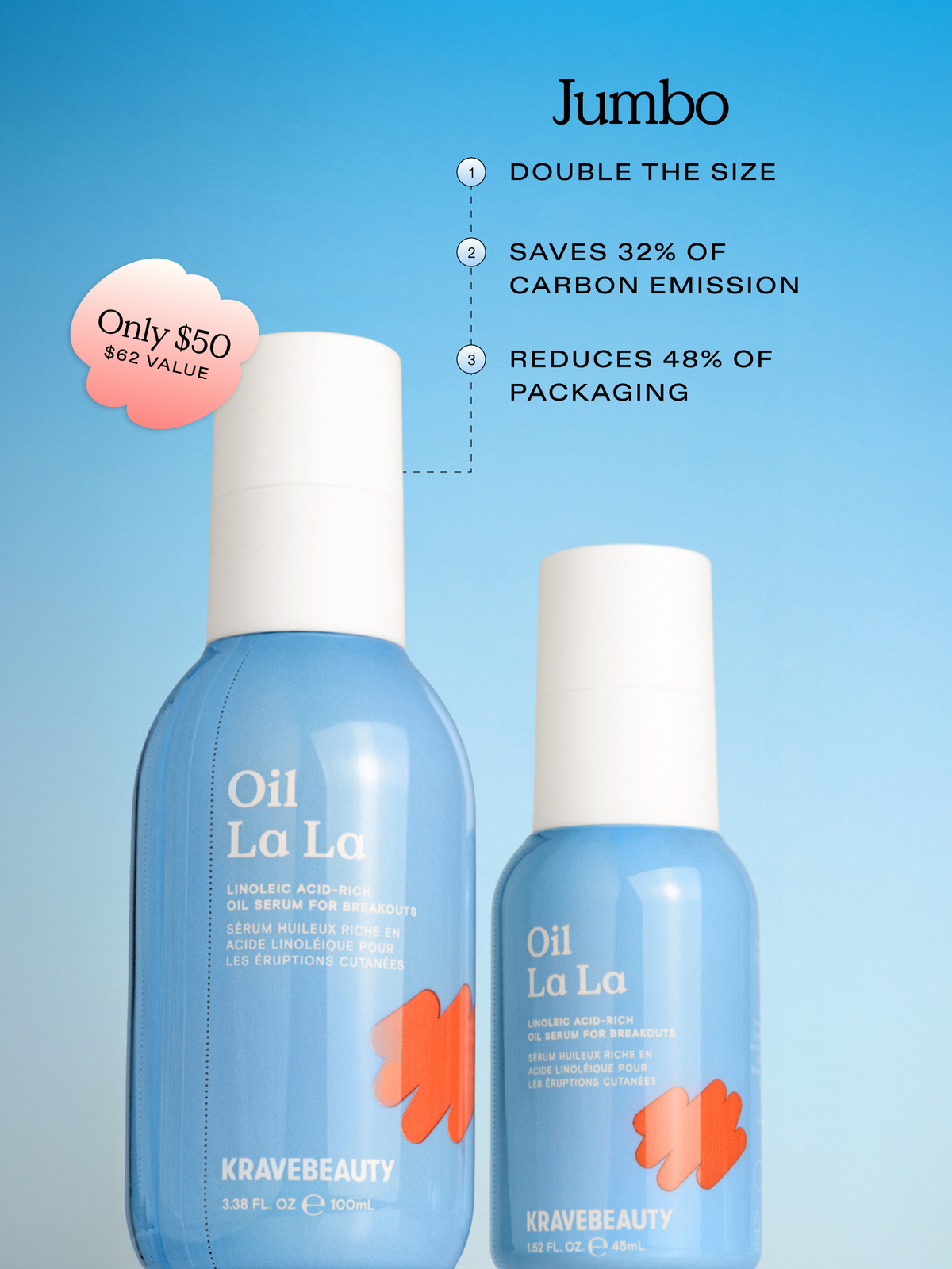 Jumbo Oil La La is double the size, saves 32% of carbon emission, reduces 48% of packaging while only $50 at $62 value.