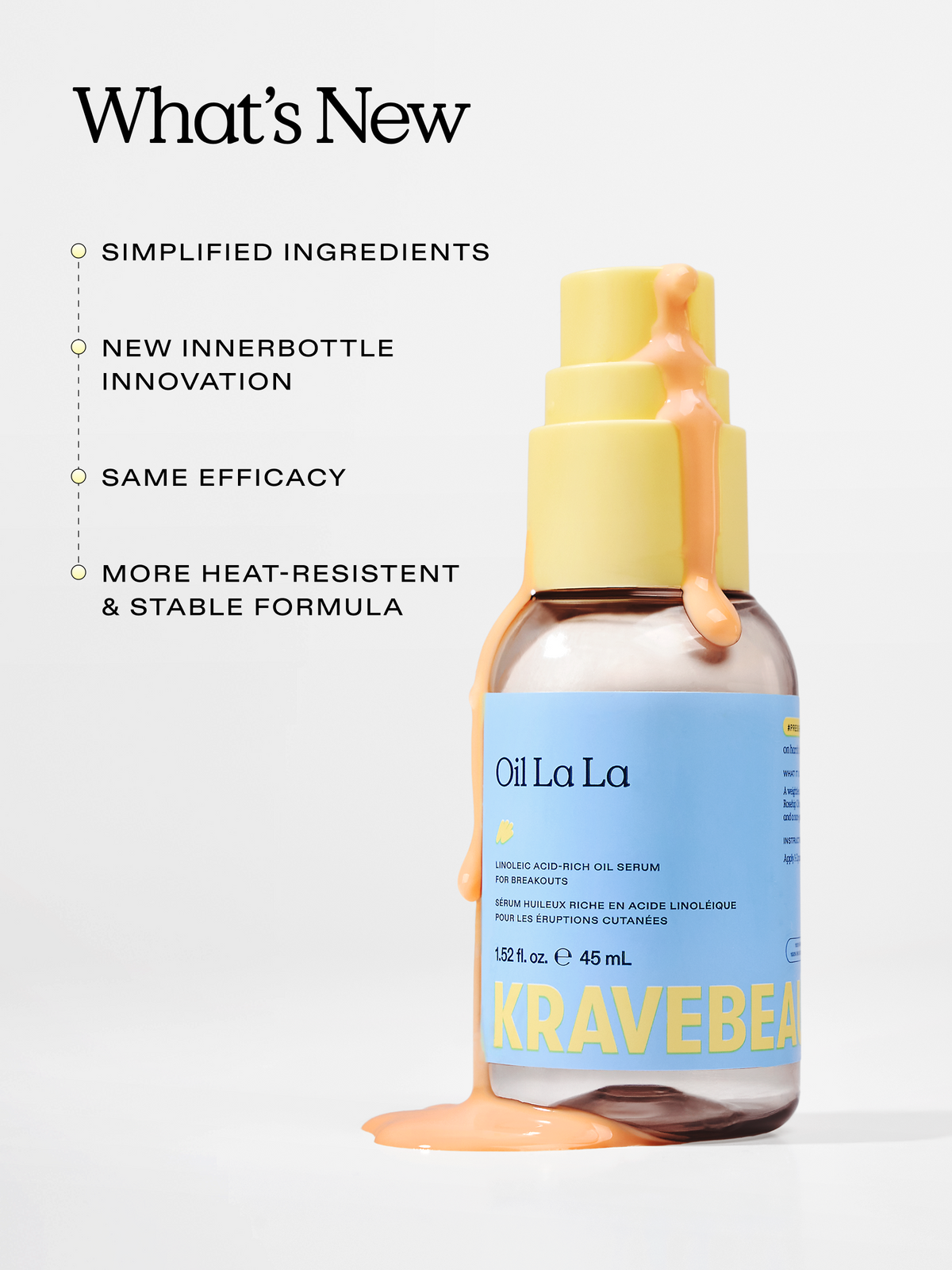 What's new for Oil La La. Simplified ingredients, new innerbottle innovation, same efficacy, more heat-resistant & stable formula