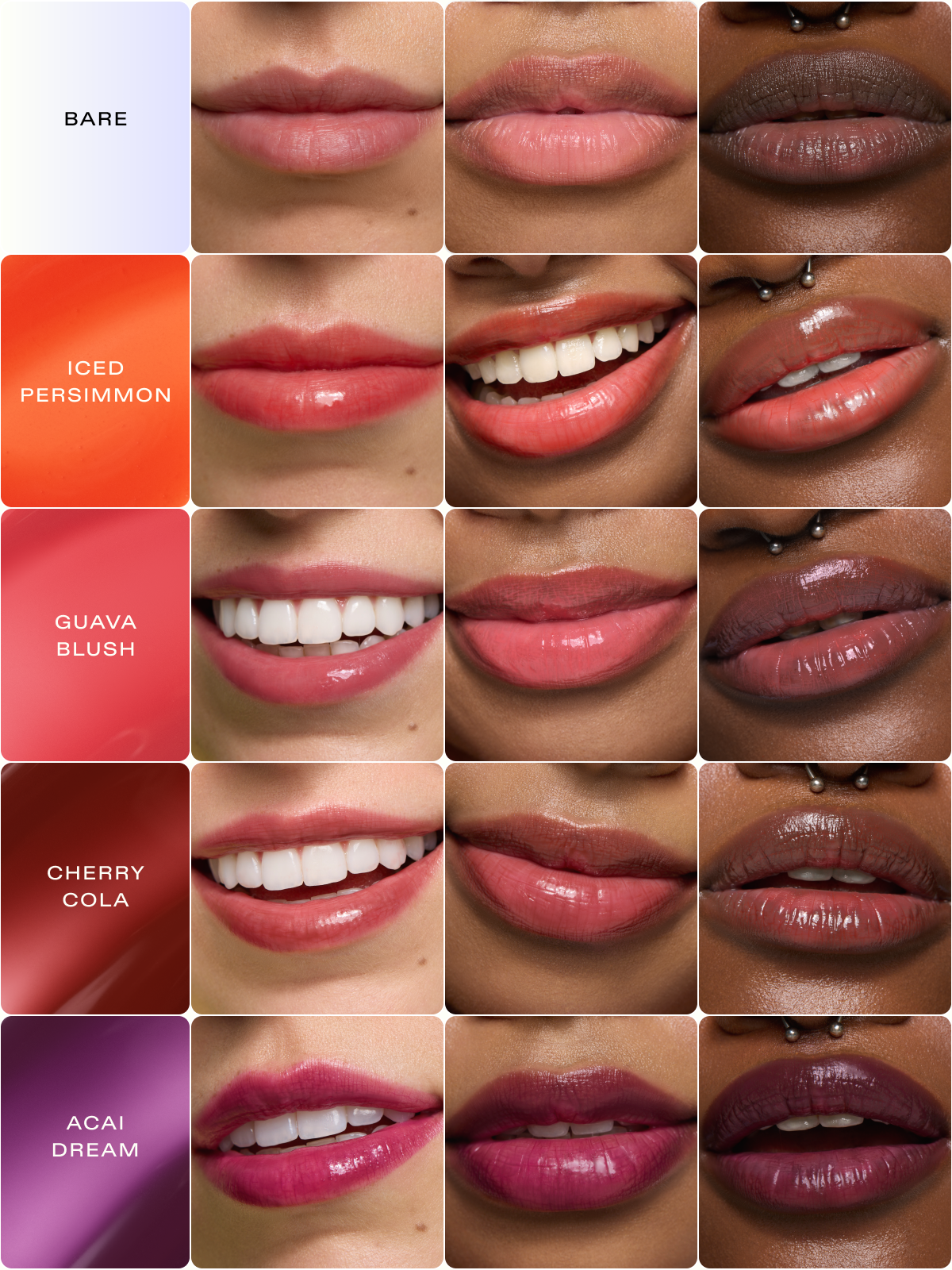 Plumptuous Lip Jelly before and after shade chart. From top to bottom - Bare lips on Light, Medium, and Dark skin tones. Followed by Iced Persimmon, Guava Blush, Cherry Cola, and Acai Dream swatches on Light, Medium, and Dark skin tones.