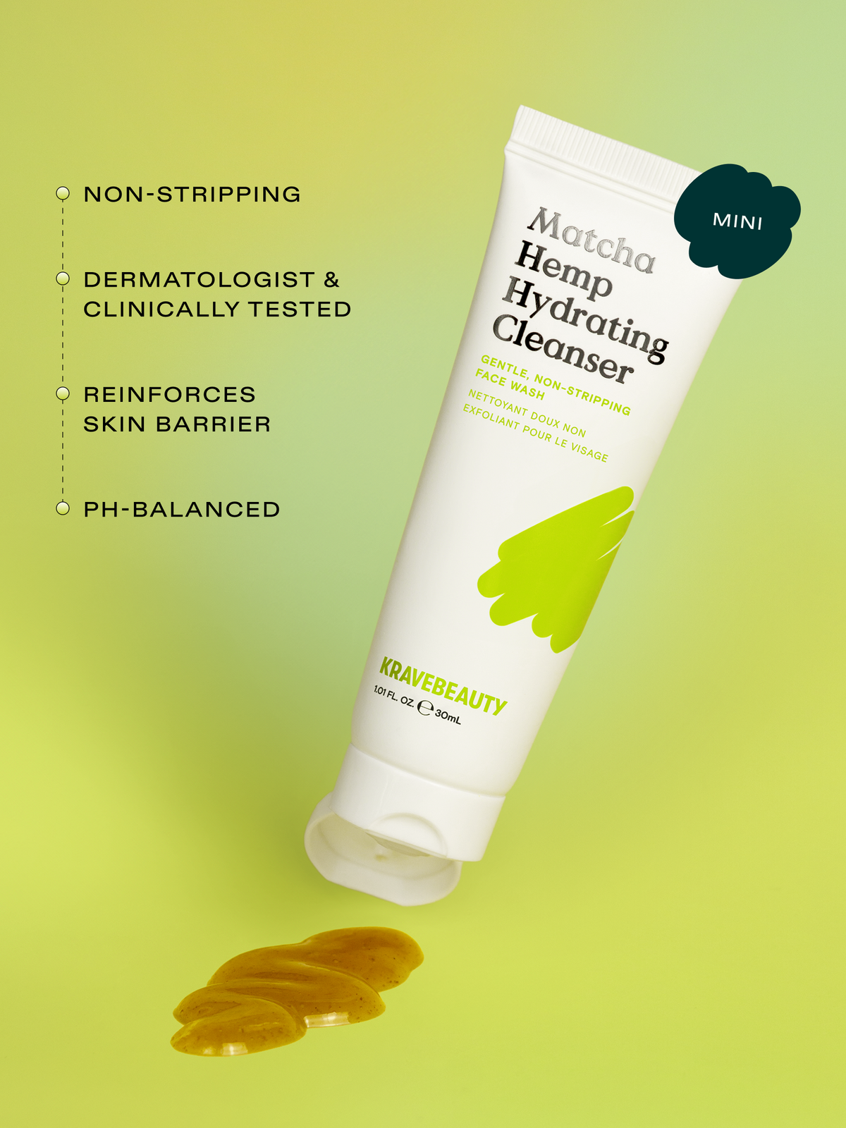 Matcha Hemp Hydrating Cleanser with Key barrier supporting ingredients including upcycled matcha, upcycled hemp seed oil, and 15% Glycerin.