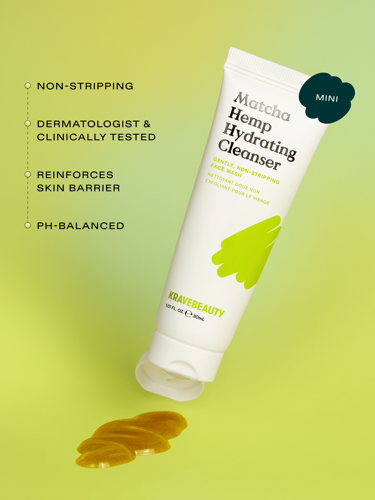 Matcha Hemp Hydrating Cleanser with Key barrier supporting ingredients including upcycled matcha, upcycled hemp seed oil, and 15% Glycerin.