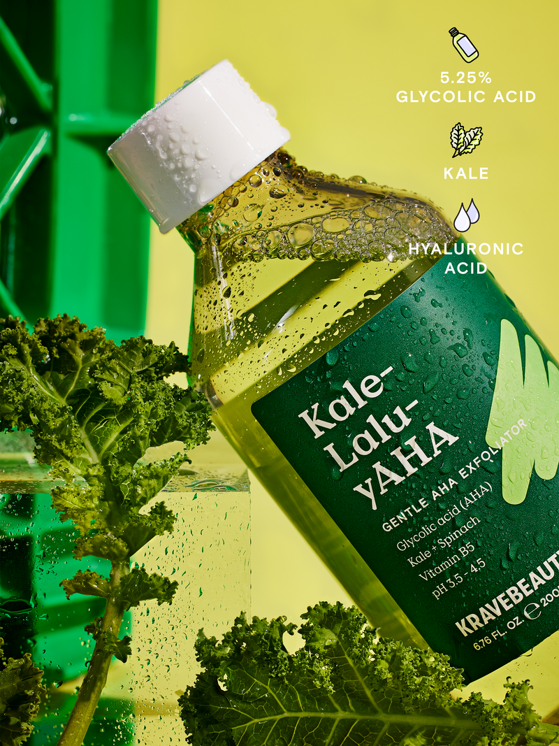 Kale-Lalu-yAHA is formulated with 5.25% Glycolic Acid, Kale, and Hyaluronic Acid,