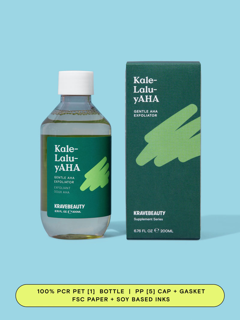 Kale-Lalu-yAHA has a 100% PCR PET [1] bottle and a PP [5] cap and gasket. Carton is made of FSC paper and soy based inks.