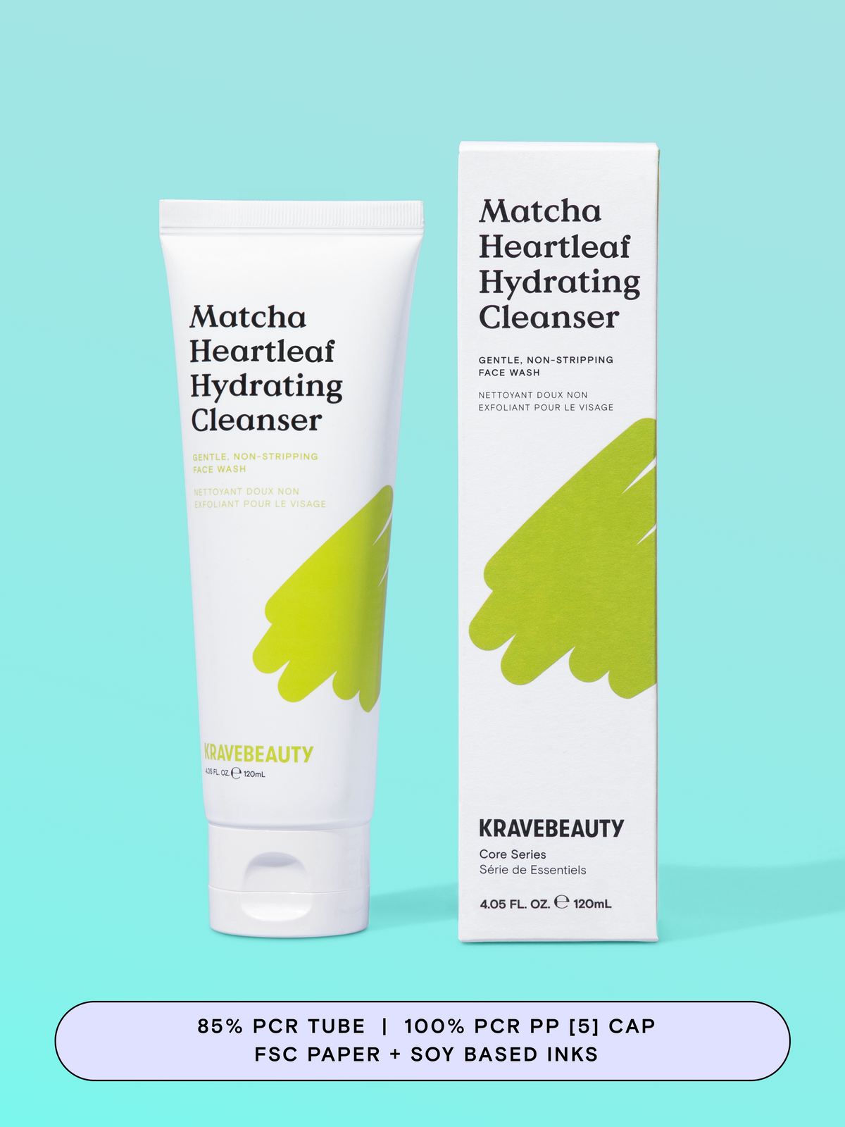 Matcha Heartleaf Hydrating Cleanser has a 85% PCR tube and a 100% PCR PP [5] cap. Box is made of FSC paper and soy based inks.