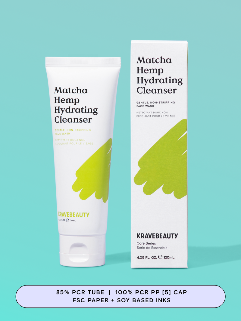 Matcha Hemp Hydrating Cleanser has a 85% PCR tube with a 100% PCR PP [5] cap. Box is made of FSC paper and soy based inks.
