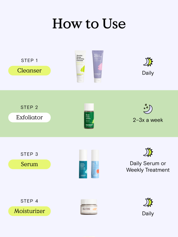 How to Use - Step 1) Cleanse with Makeup Re-Wined to oil cleanse and then follow up with a water based cleanser like Matcha Hemp Hydrating Cleanser. Step 2) Exfoliate with Kale-Lalu-yAHA two to three times a week preferably at night. If using in the morning, always follow up with sunscreen. Step 3) Use the serum of your choice - Oil La La, Great Barrier Relief, or both! Step 4) Moisturize with Oat So Simple Water Cream. #size_0.67 fl oz / 20 ml