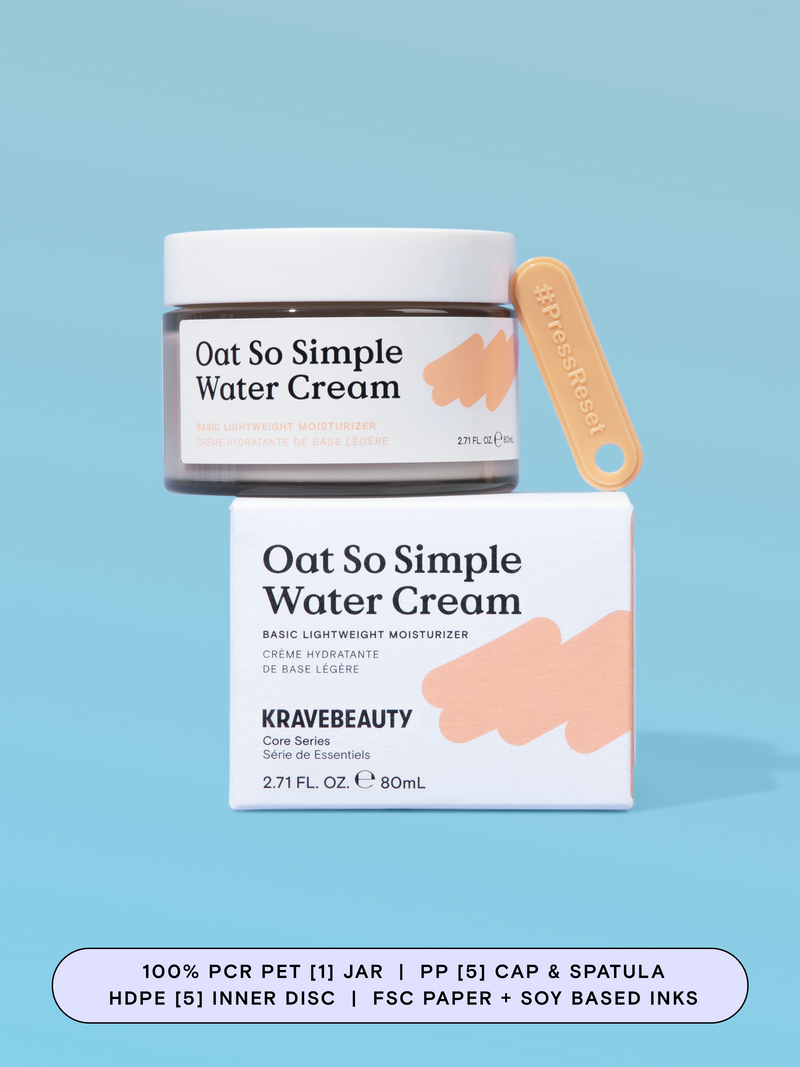 Oat So Simple Water Cream has a 100% PCR PET [1] jar with a PP [5] cap and spatula plus a HDPE [5] inner disc. Box is made of FSC paper and soy based inks.