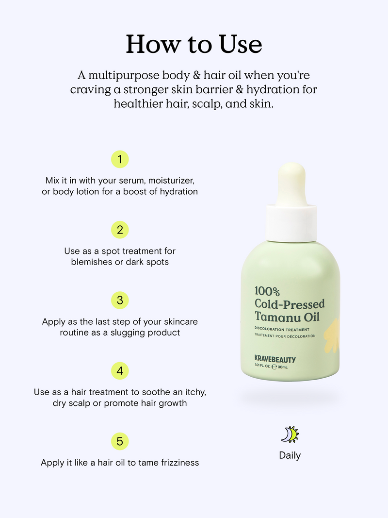 How to Use 100% Cold-Pressed Tamanu Oil - A multipurpose body and hair oil when you're craving a stronger skin barrier and hydration for healthier hair, scalp, and skin.
