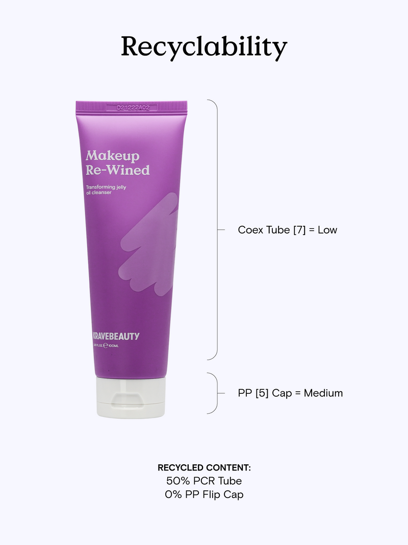 Recyclability of Makeup Re-Wined 'Pilot' Oil Cleanser. The tube is made up of 50% recycled PCR Coex [7] with low recyclability. The cap is made of PP [5] with medium recyclability.