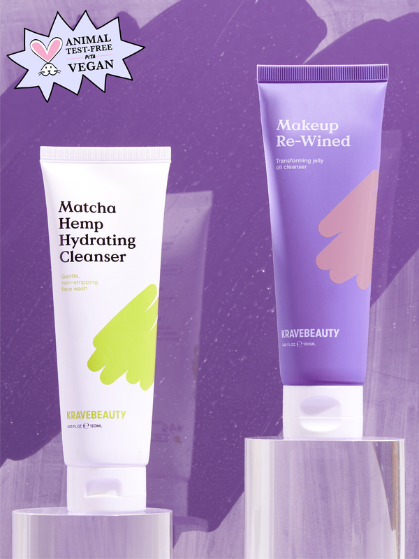Cleansing Power Couple Bundle includes Makeup Re-Wined Jelly Oil Cleanser and Matcha Hemp Hydrating Cleanser. Both are animal test-free and vegan.